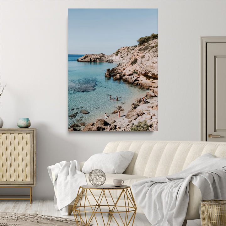 Turquoise Cove Wall Art Canvas Print, Ibiza Beach Print, Framed Mediterranean Shore Art Print, Large Clear Shoreline Printing Boho