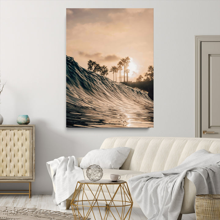 Golden Hour Ocean Wall Art Canvas Print, Tropical Beach Sunset Print, Framed Palm Tree Silhouettes Art Print, Large Warm Coastal
