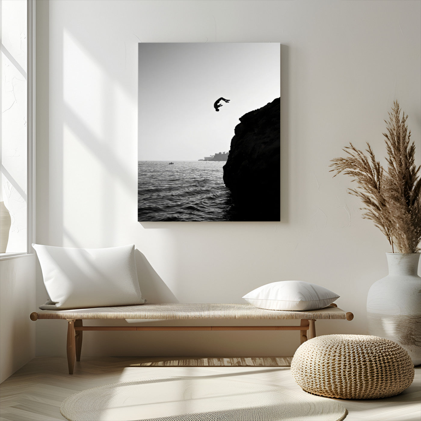 MGV-CV-24X36 - Cliff Jumping Silhouette Wall Art Canvas Print, Framed Black White Ocean Art Picture Print, Monochrome Cliff Dive Perfect Minimalist Adventure Decor Artwork