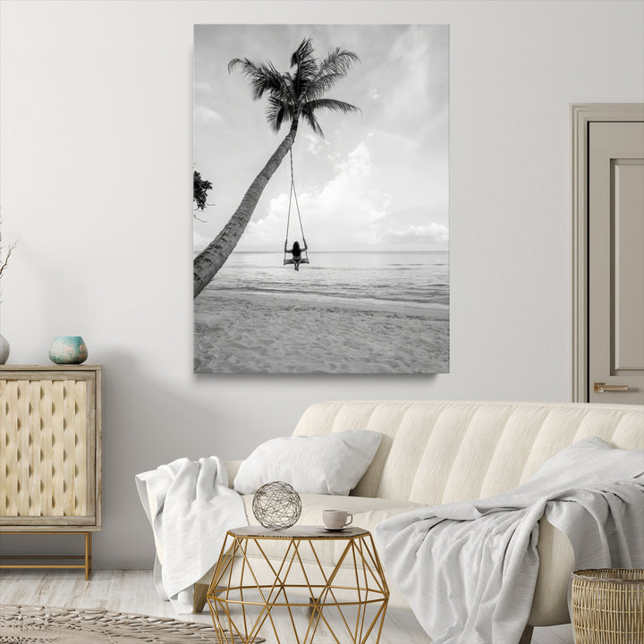 Black White Palm Tree Wall Art Canvas Print, Minimalist Beach Swing Print, Framed Monochrome Coastal Art Print, Large Tropical Ocean