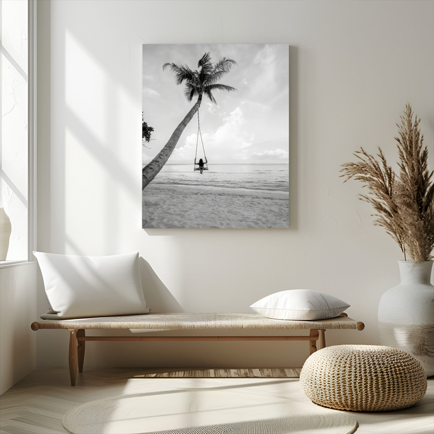 MGV-CV-24X36 - Black White Palm Tree Wall Art Canvas Print, Framed Minimalist Beach Swing Art Picture Print, Monochrome Coastal Perfect Minimalist Coastal Decor Artwork