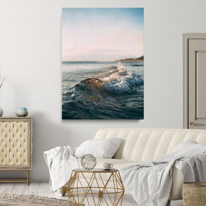 Ocean Waves Wall Art Canvas Print, Framed Coastal Serenity Wall Art Print, Golden Hour Perfect Modern Coastal Decor Artwork