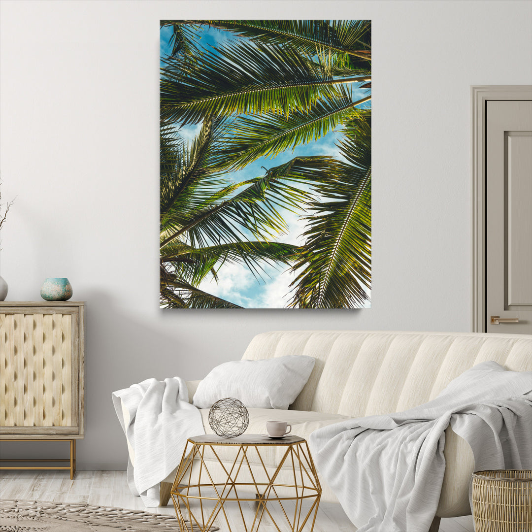 Palm Leaves Wall Art Canvas Print, Framed Tropical Vibes Art Picture Print, Green Foliage Perfect Tropical Boho Decor Artwork