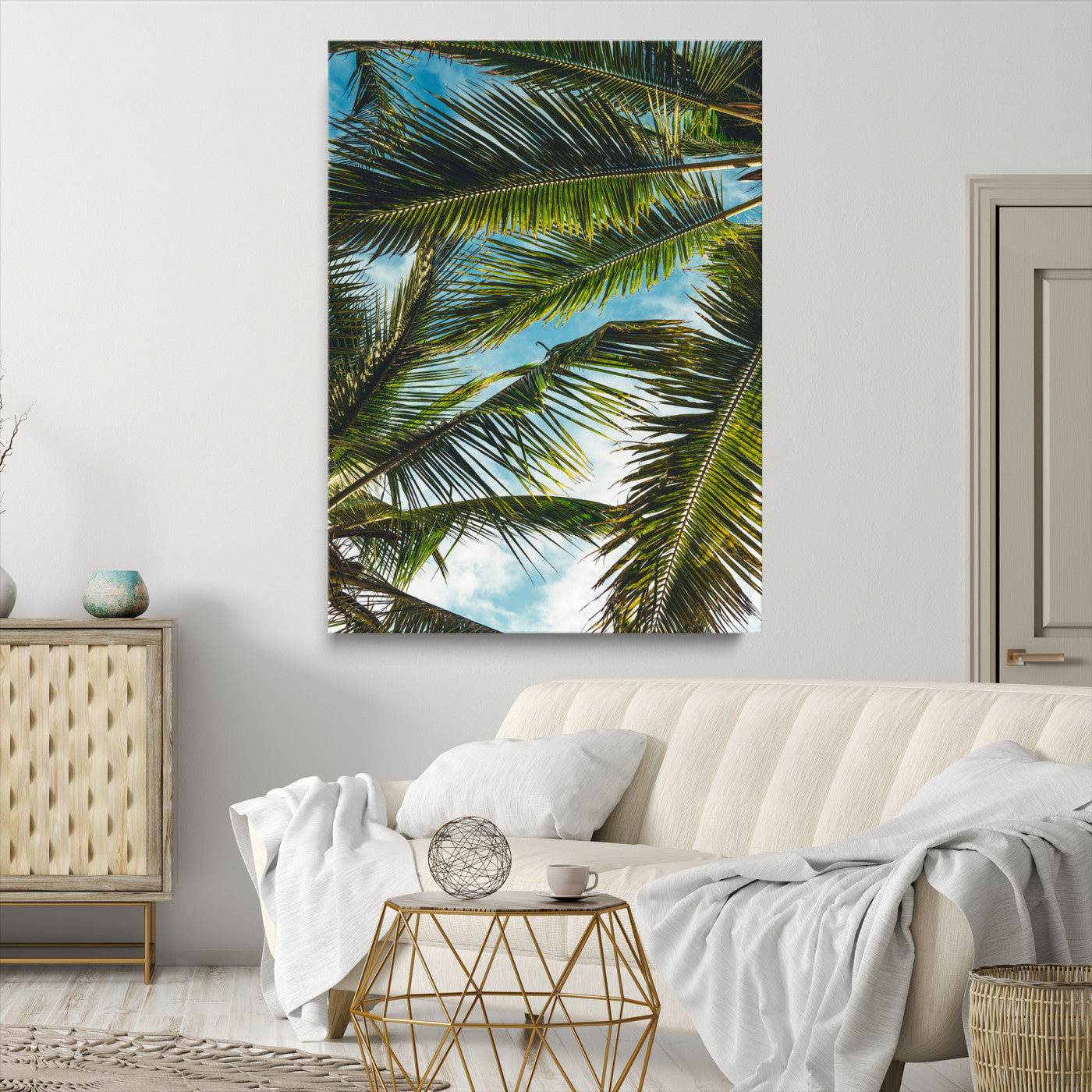 Palm Leaves Wall Art Canvas Print, Framed Tropical Vibes Art Picture Print, Green Foliage Perfect Tropical Boho Decor Artwork