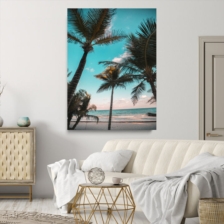 Palm Trees Wall Art Canvas Print, Framed Tropical Beach Art Picture Print, Ocean Breeze Perfect Tropical Coastal Decor Artwork