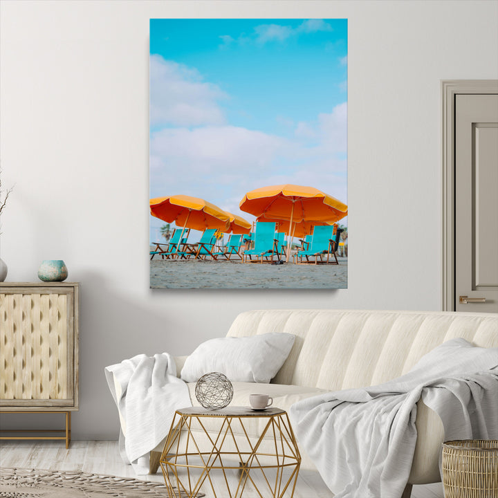 Beach Umbrellas Wall Art Canvas Print, Framed Coastal Vibes Art Picture Print, Tropical Paradise Perfect Coastal Boho Decor Artwork