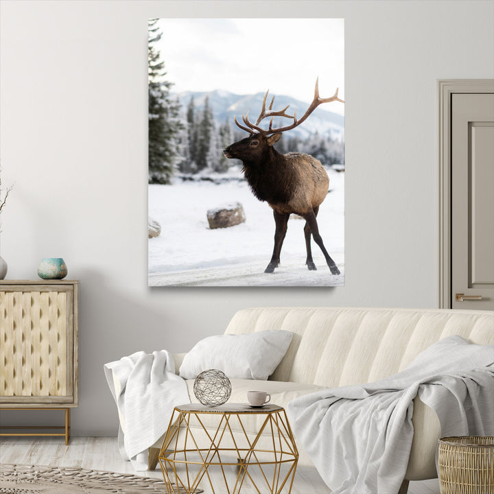Elk Photography Wall Art Canvas Print, Framed Winter Wildlife Art Picture Print, Snowy Mountains Perfect Rustic Cabin Decor Decor Artwork