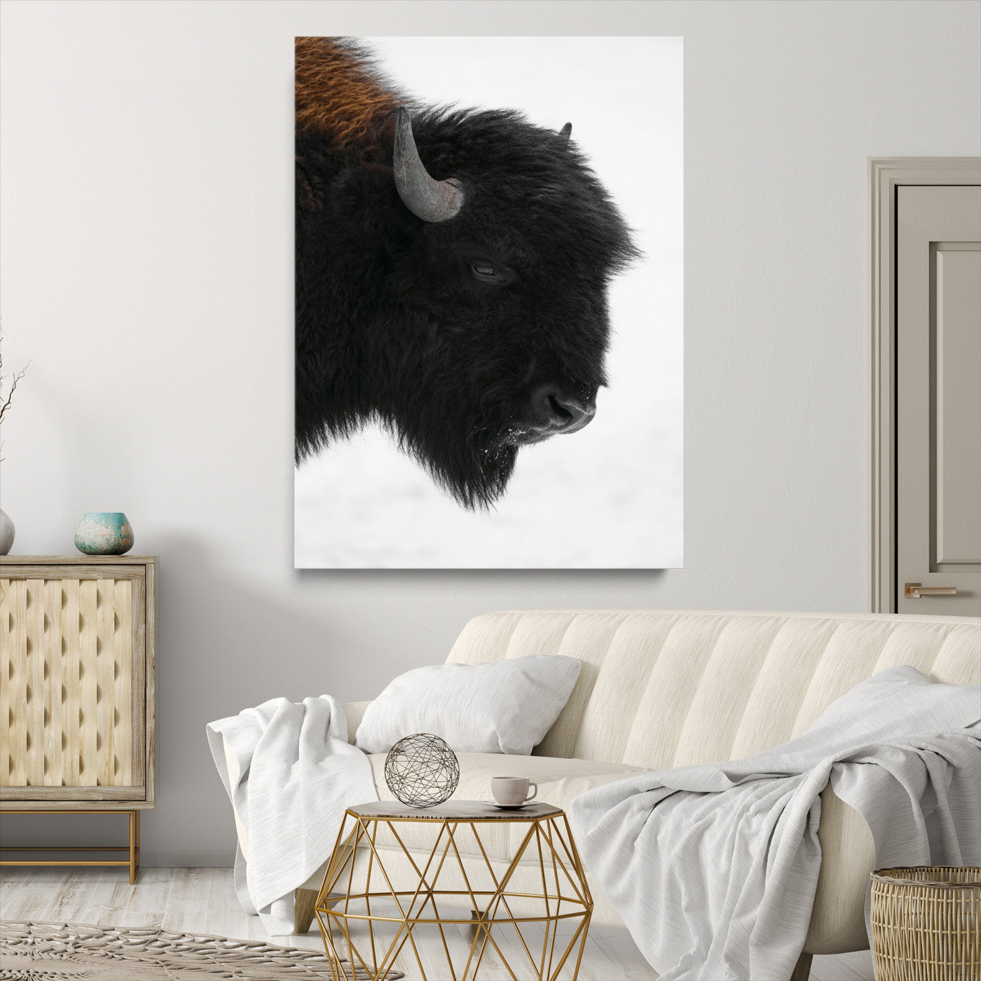 Western Rustic Wall Art Canvas Print, Framed Buffalo Photography Art Picture Print, Black and White Wildlife Perfect Modern Ranch Decor