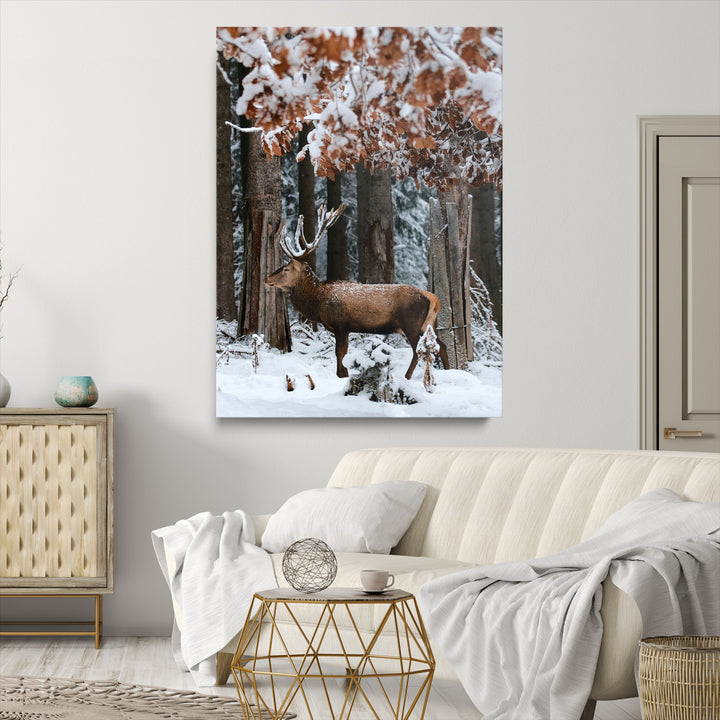 Serene Landscape Wall Art Canvas Print, Framed Winter Wonderland Art Picture Print, Winter Deer Canvas Perfect Rustic Cabin Decor Artwork