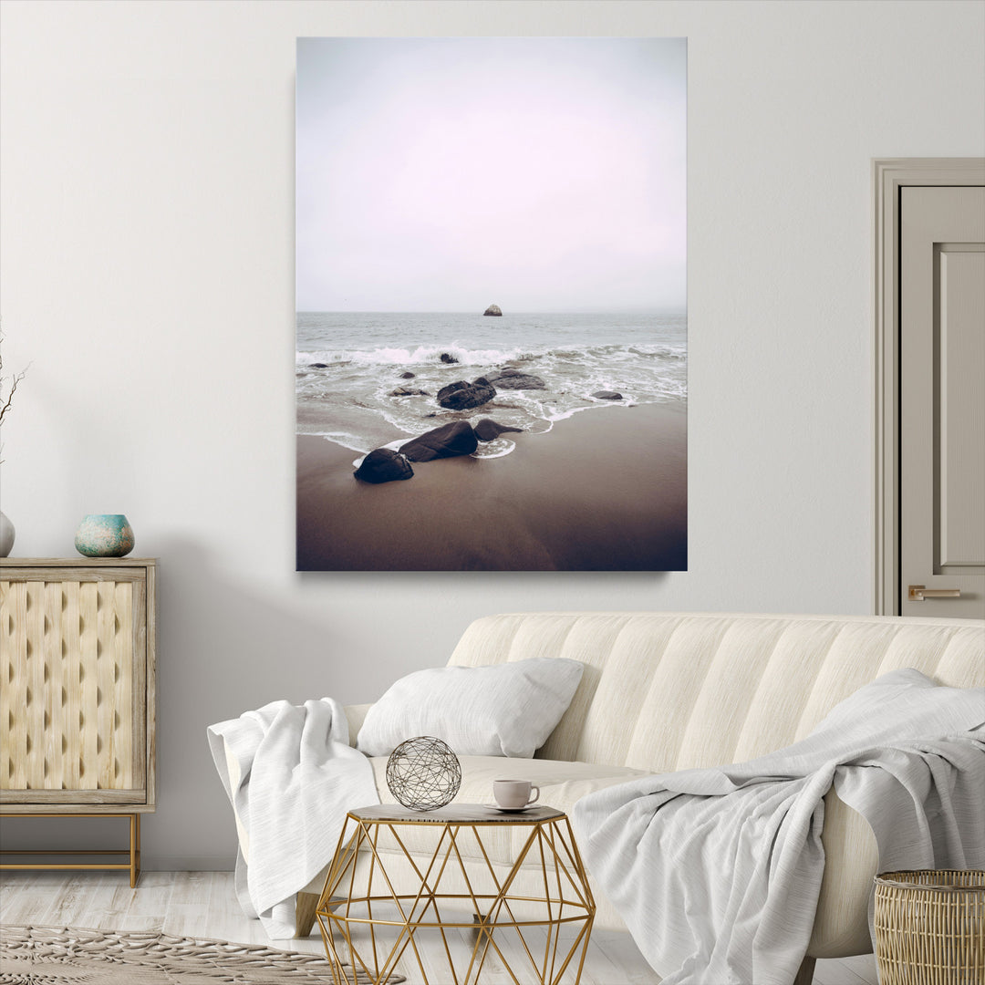 Moody Seascape Wall Art Canvas Print, Framed Neutral Beach Art Picture Print, Foggy Ocean Perfect Minimalist Decor Artwork