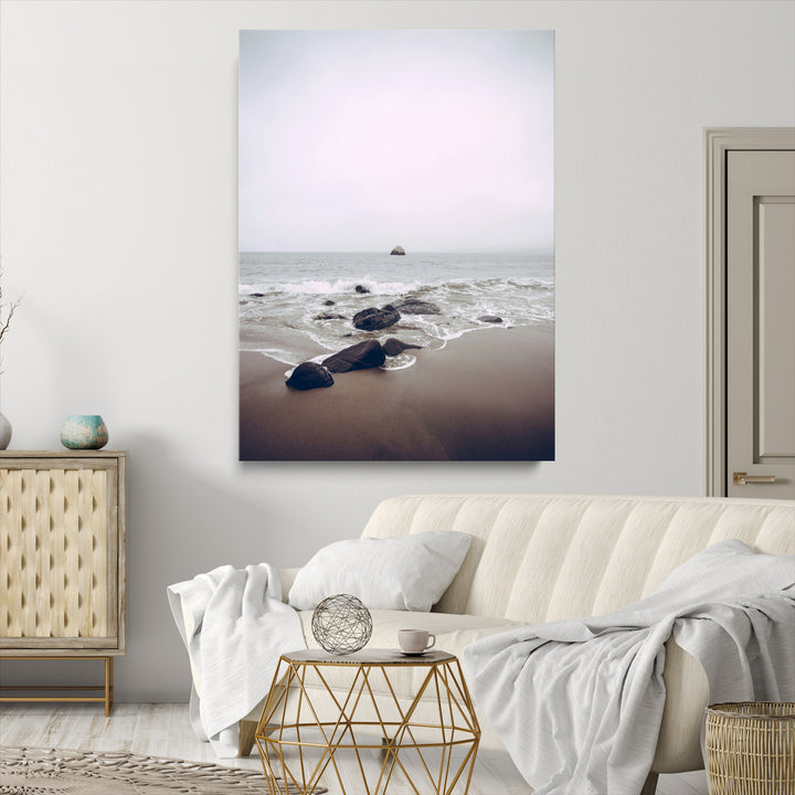 Moody Seascape Wall Art Canvas Print, Framed Neutral Beach Art Picture Print, Foggy Ocean Perfect Minimalist Decor Artwork