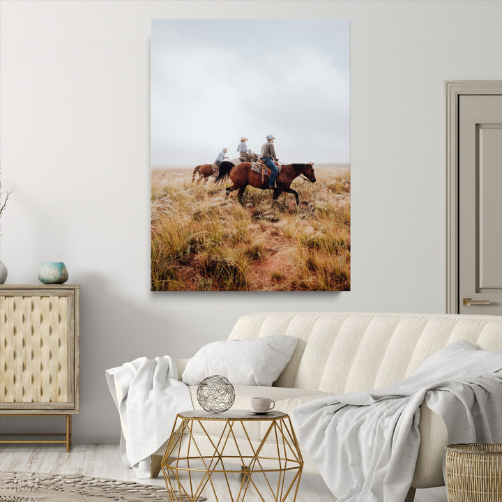 Golden Grassland Wall Art Canvas Print, Framed Western Frontier Mood Art Picture Print, Open Range Riders Perfect Rustic Western Decor
