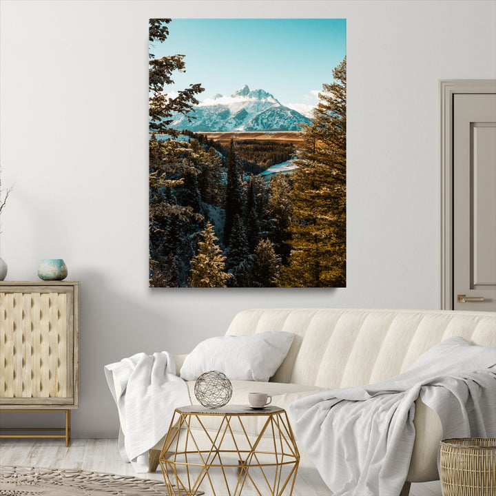 Mountain Landscape Wall Art Canvas Print, Framed Snowy Peaks Art Picture Print, Nature Photography Perfect Rustic Lodge Decor Artwork