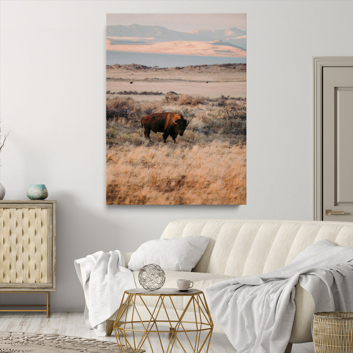 Solitary Buffalo Wall Art Canvas Print, Framed Golden Prairie Art Picture Print, Earthy Tones Perfect Rustic Western Decor Artwork
