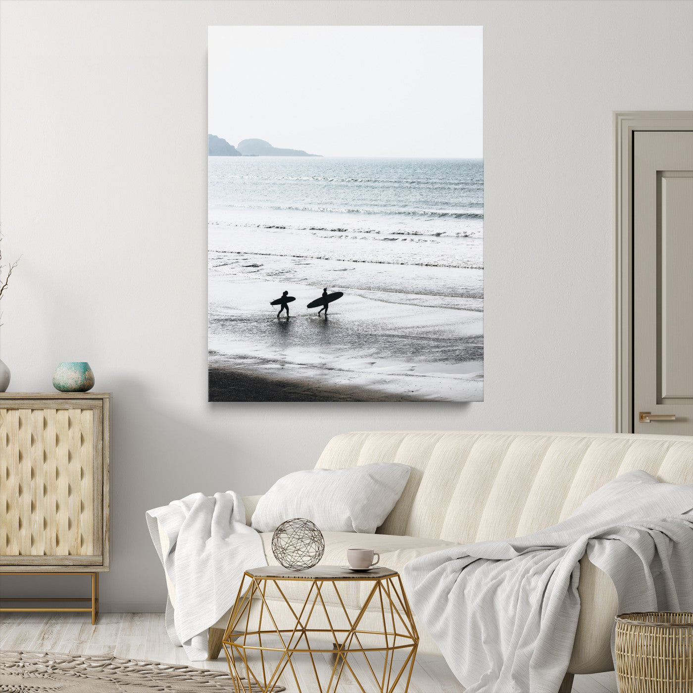 Surfer Silhouettes Wall Art Canvas Print, Framed Minimalist Ocean Art Picture Print