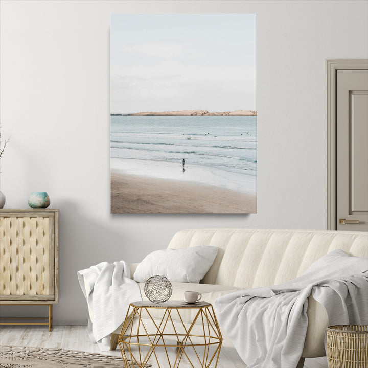 Minimalist Beach Art Canvas Print, Soft Blue Tones Print, Framed Tranquil Ocean Art Print, Large Calm Horizon Printing Coastal,