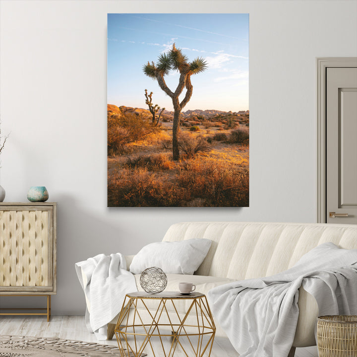 Framed Joshua Tree Print, Golden Hour Desert Print, Framed Sunset Glow Art Print, Large Arid Terrain Printing Southwestern