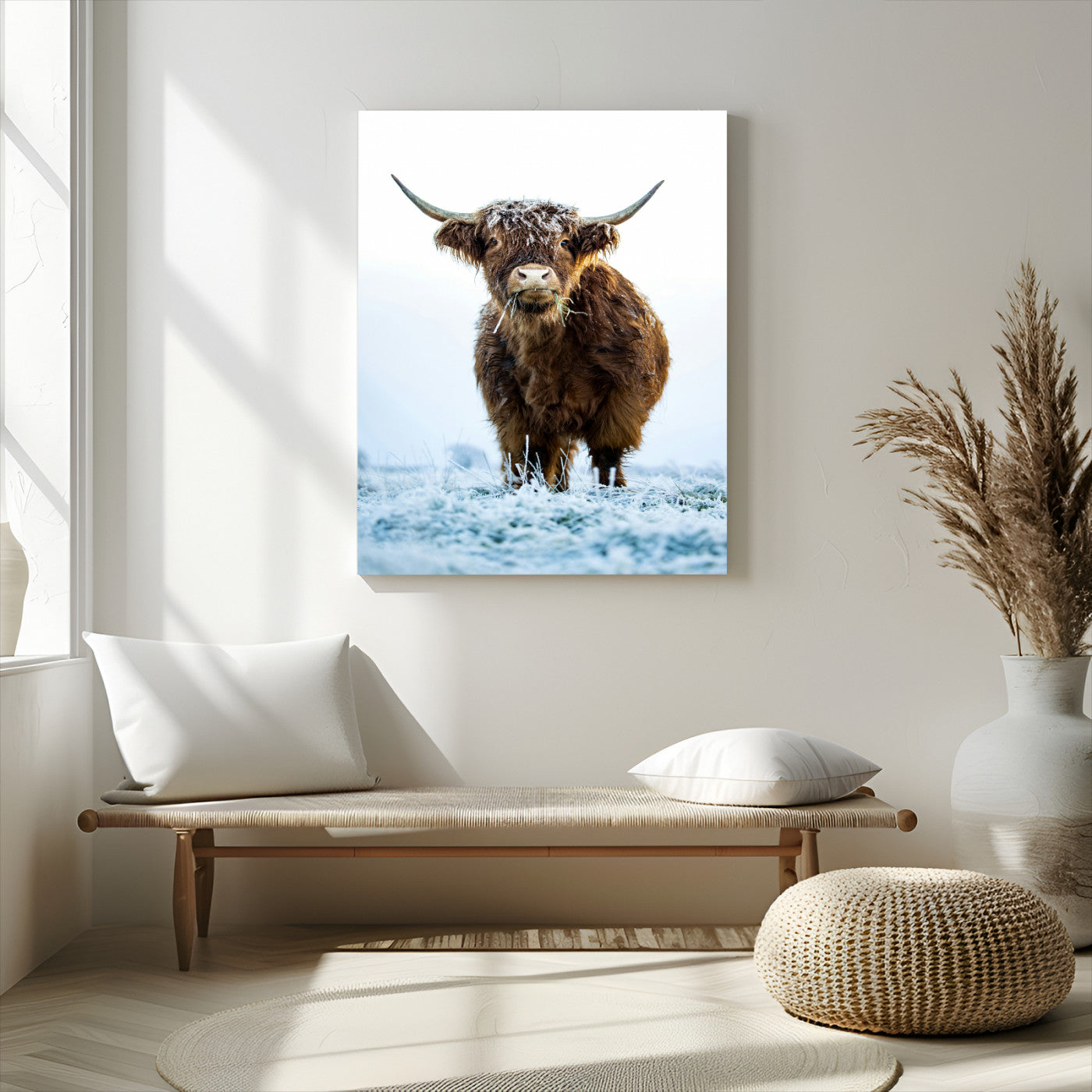 MGV-CV-24X36 - Highland Cow Wall Art Canvas Print, Framed Frosty Grass Art Picture Print, Winter Scene Perfect Rustic Farmhouse Decor Artwork