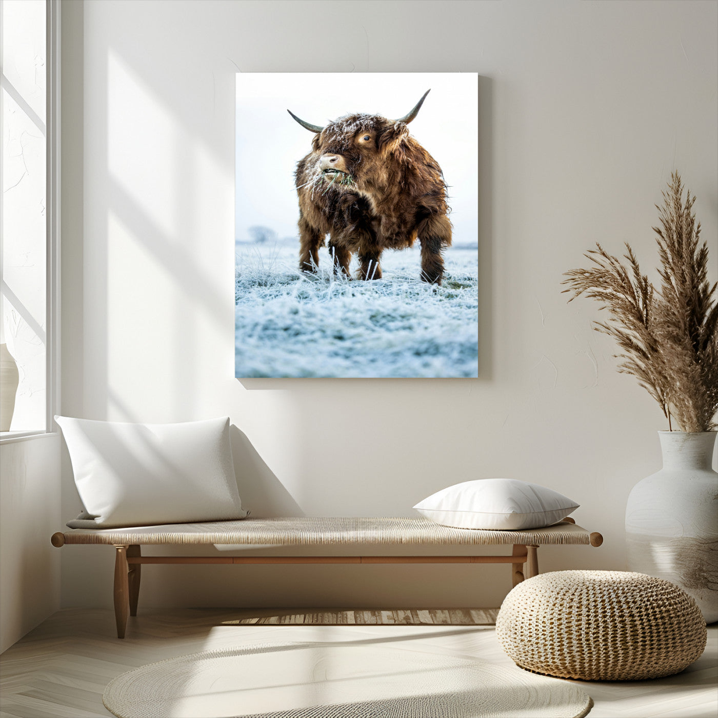 MGV-CV-24X36 - Minimalist Scottish Highlang Cow Wall Art Canvas Print for Farmhouse / County Style Art Print for