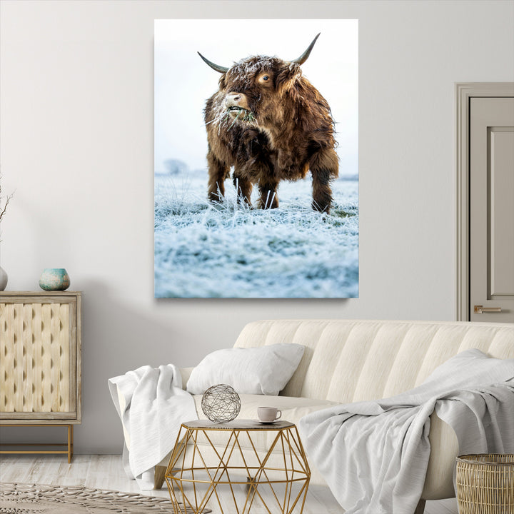 Minimalist Scottish Highlang Cow Wall Art Canvas Print for Farmhouse / County Style Art Print for Living Room - Office Decor