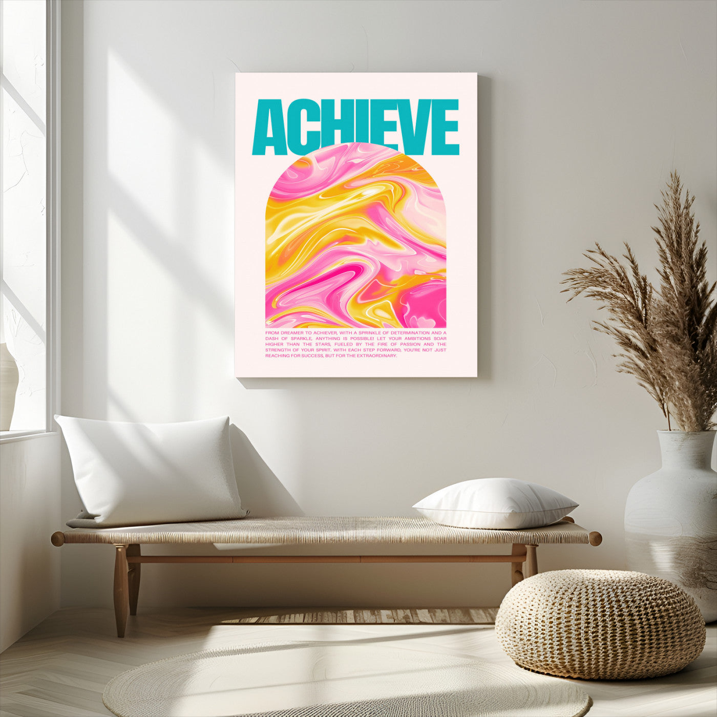 MGV-CV-24X36 - Achieve Motivational Poster Canvas Wall Art – Inspirational Abstract Pink & Yellow Swirls, Positive Quote Decor for Office, Home