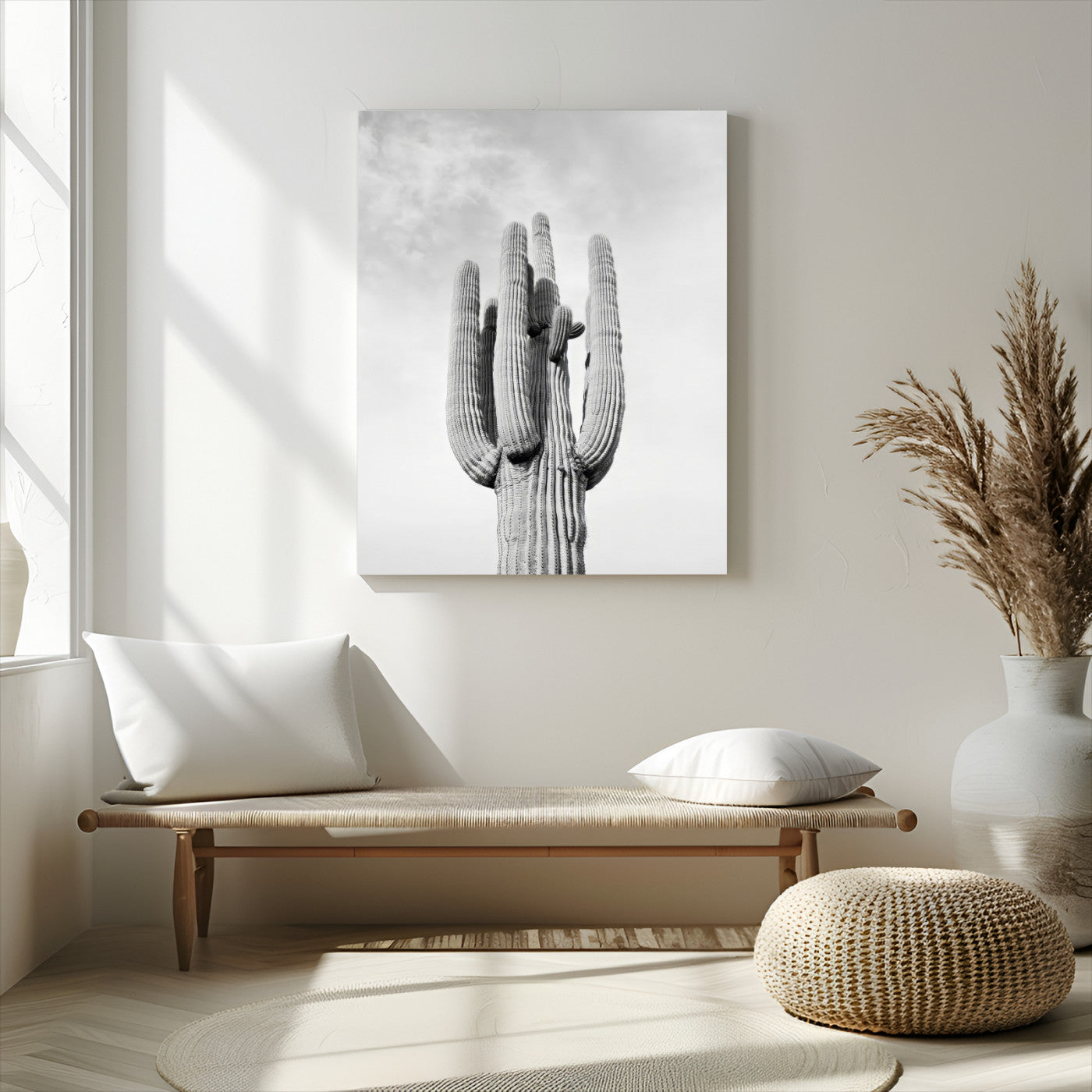 MGV-CV-24X36 - Saguaro Cactus Wall Art – Black and White Desert Landscape Canvas Print, Modern Minimalist Nature Decor for Home, Office, Living Room