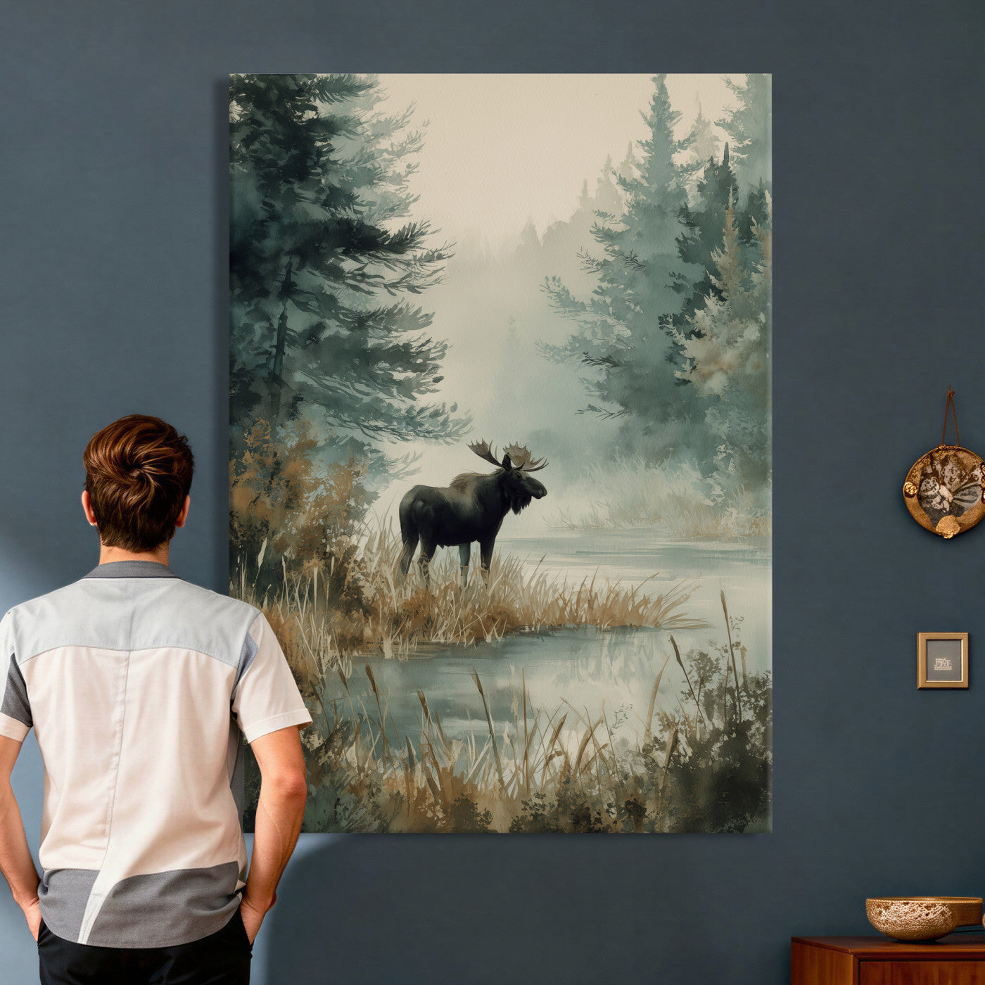 78345154-MGV-CV-24X36 - Watercolor Abstract Moose Forest Wall Art Canvas Print – Wildlife Nature Artwork Print for Living Room, Cabin, and Office Decor