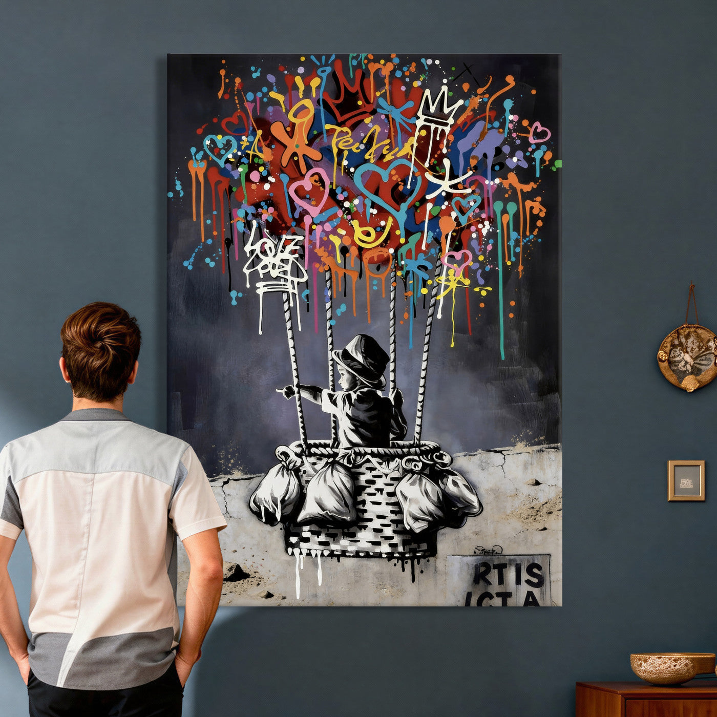 56325542-MGV-CV-24X36 - Banksy Inspired Boy Swing Wall Art Canvas Print, Graffiti Balloon Hearts Street Art, Colorful Urban Mural Artwork for Modern Living Room Decor