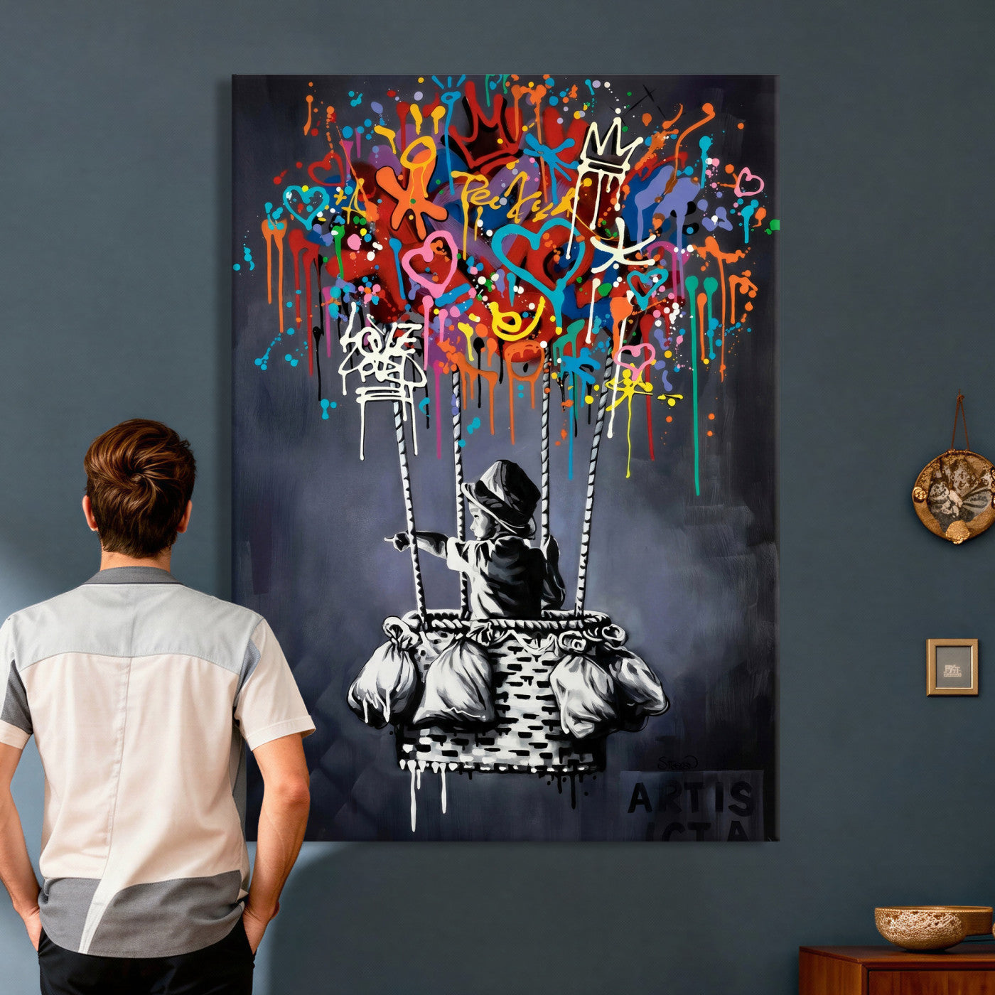 87352999-MGV-CV-24X36 - Banksy Inspired Boy Swing Wall Art Canvas Print, Graffiti Balloon Hearts Street Art, Colorful Urban Mural Artwork for Modern Living Room Decor