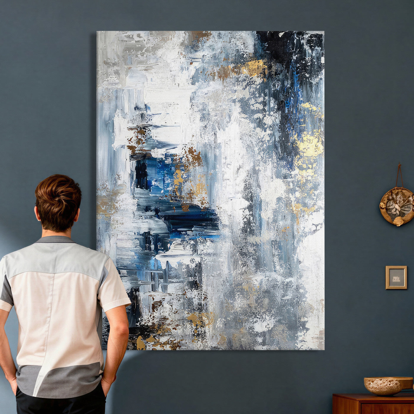 3962948988-MGV-CV-24X36 - Blue Abstract Wall Art Canvas Print, Gold Black Modern Architecture Canvas Print, Contemporary Moody City Artwork for Living Room Decor