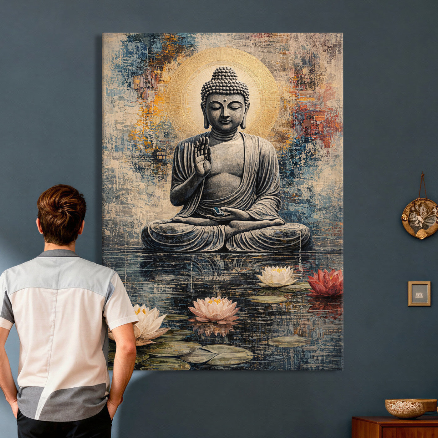 3812625445543-MGV-CV-24X36 - Serene Buddha with Lotus Flowers | Tranquil Meditation Art | Zen Wall Decor for Mindful Living Spaces | Spiritual Canvas Print
