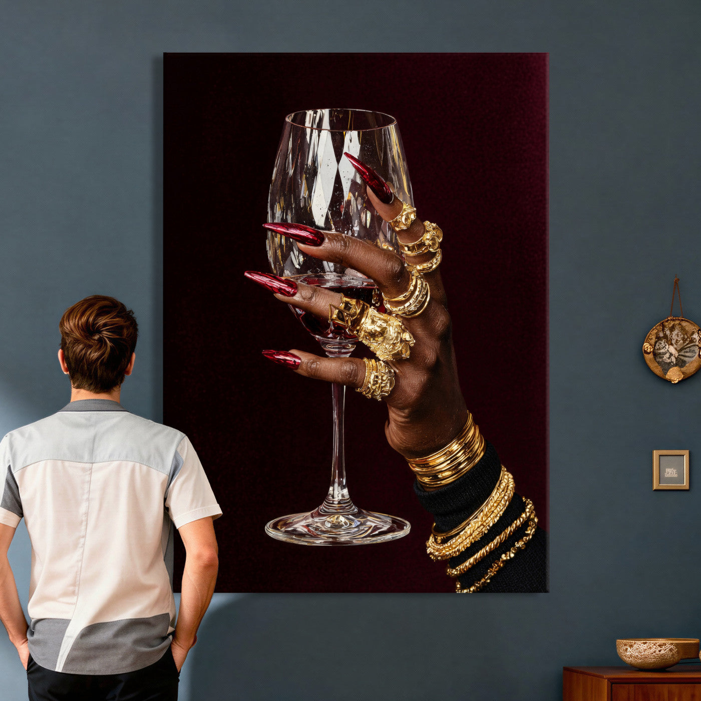 8151788Y6-MGV-CV-24X36 - Black Woman Holding Elegant Wine Glass Art, Black Girl Art, Black Woman Art, Trendy Black Girl Wall Art