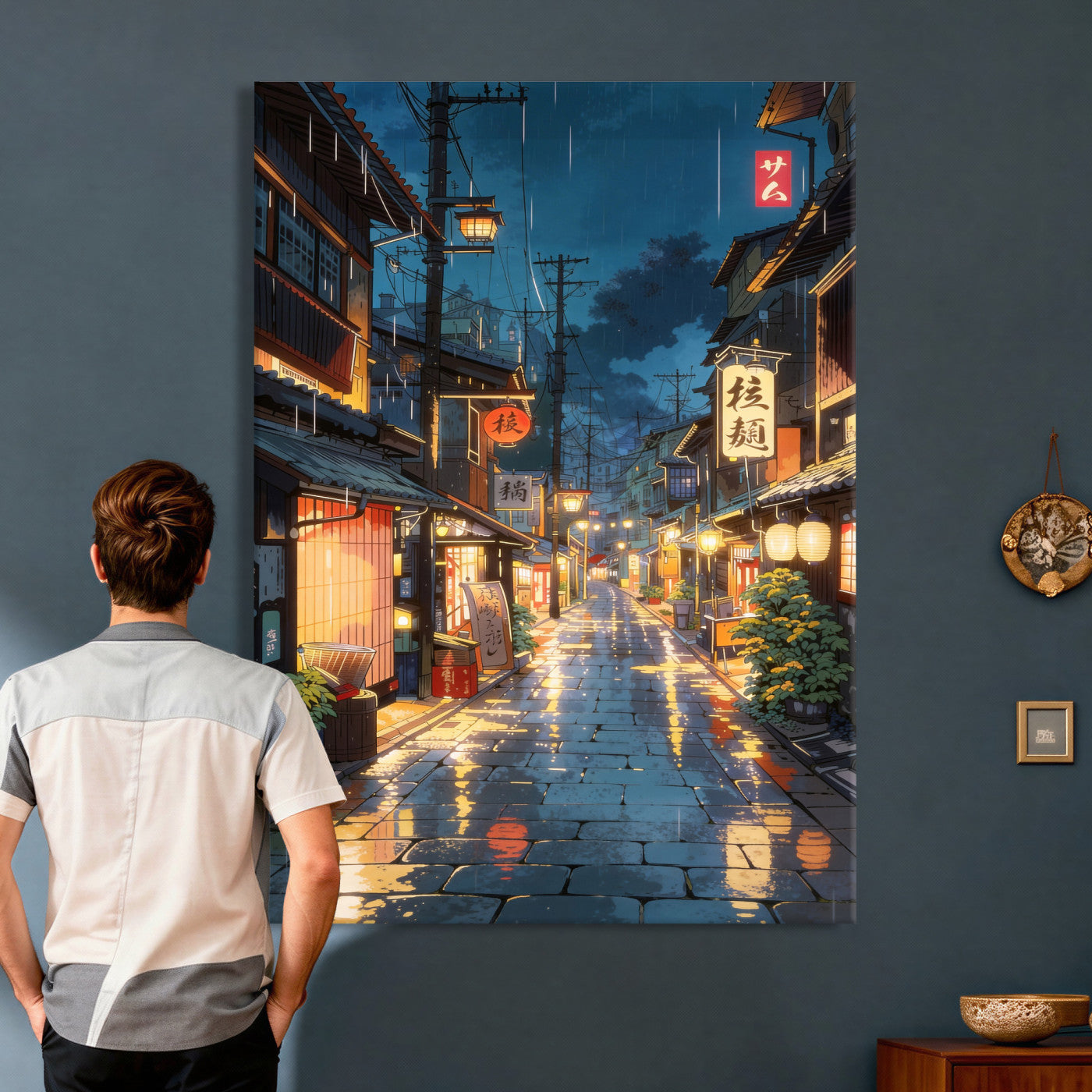 4712069J1-MGV-CV-24X36 - Tokyo Tea House Canvas Wall Art — Japan Rainy Night Street Print | Anime Style Decor | Japanese Tea House Art | Tokyo City Gift