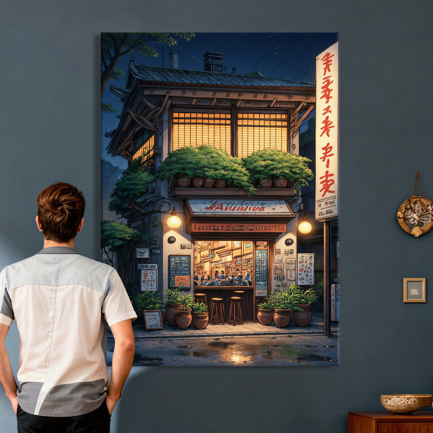 4712069TE1-MGV-CV-24X36 - Evening at the Ramen Shop Canvas Wall Art — Japan Night Anime Print | Japanese Restaurant Decor | Lofi Wall Art | Ramen Lover Gift
