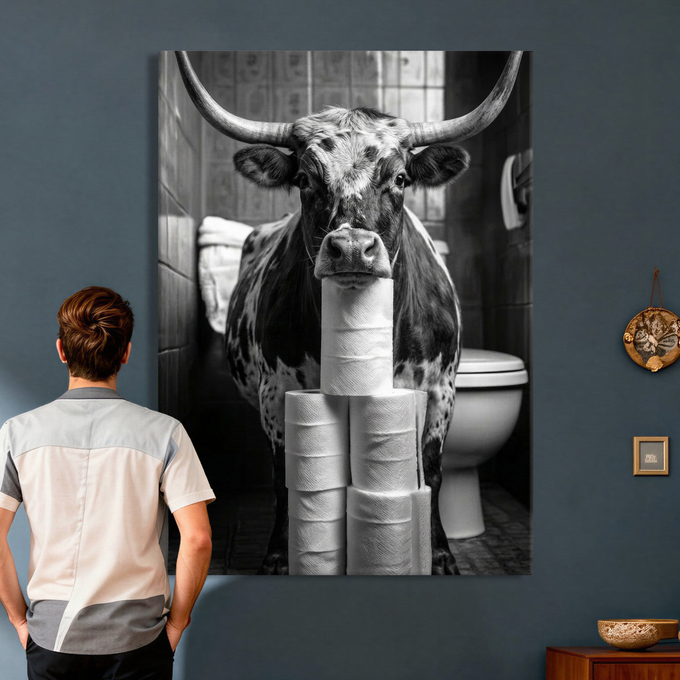 79259956-MGV-CV-24X36 - Texas Longhorn Cow Toilet Paper Canvas Wall Art, Funny Bathroom Black White Print, Cute Animal Humor Decor, Quirky Farmhouse Bathroom Art, Cow Lover Gift