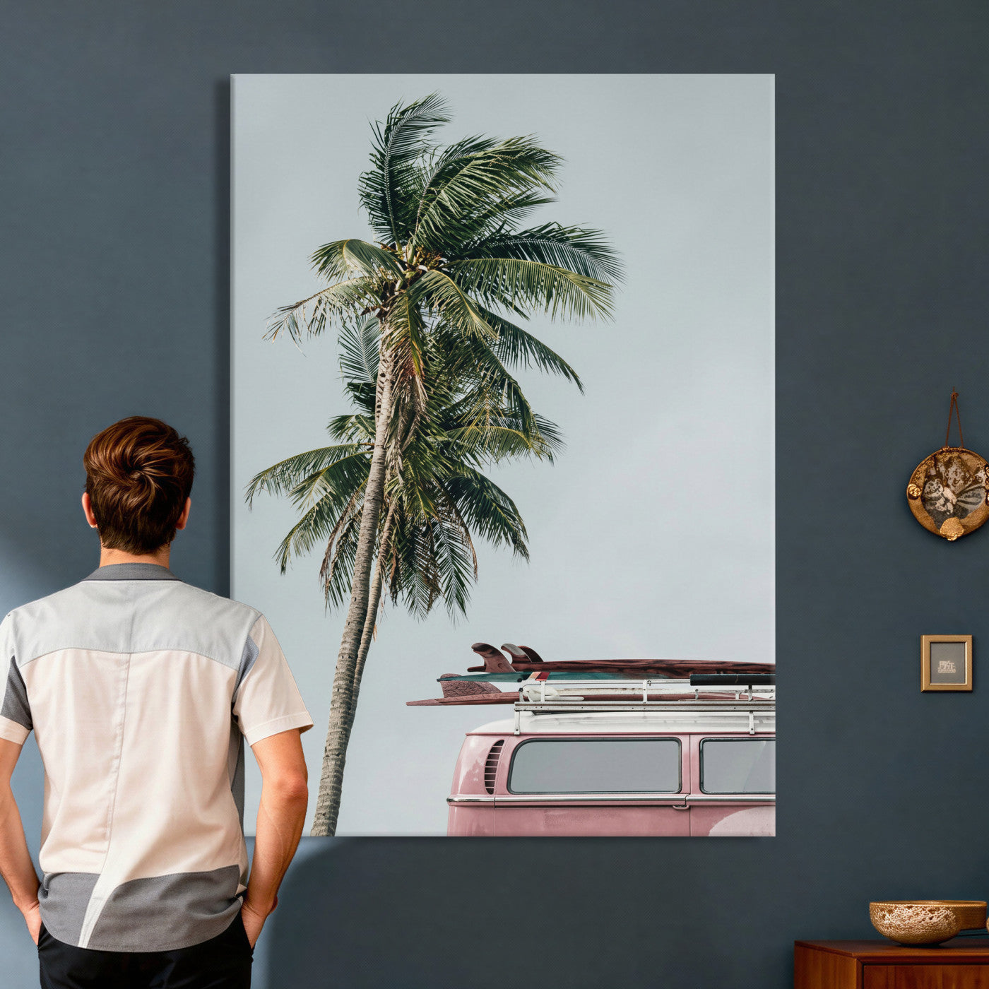 73117797-MGV-CV-24X36 - VW Van Palm Tree Canvas Wall Art, Pink Camper Surfboards Beach Print, Retro Surf Photography Decor, Coastal Boho Wall Art, Surfer Gift Idea