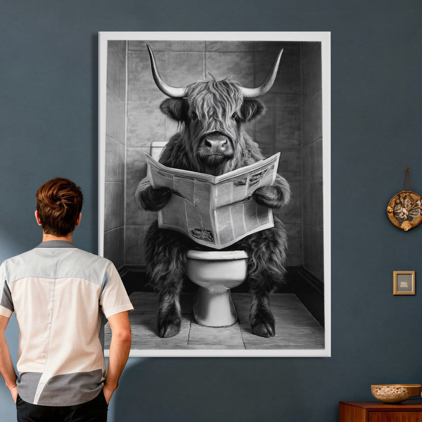 56930218-MGV-CV-24X36 - Funny Bathroom Canvas Wall Art, Texas Longhorn on Toilet Reading Newspaper, Humor Animal Print, Farmhouse Bathroom Decor, Quirky Cow Gift, Toilet Room Art