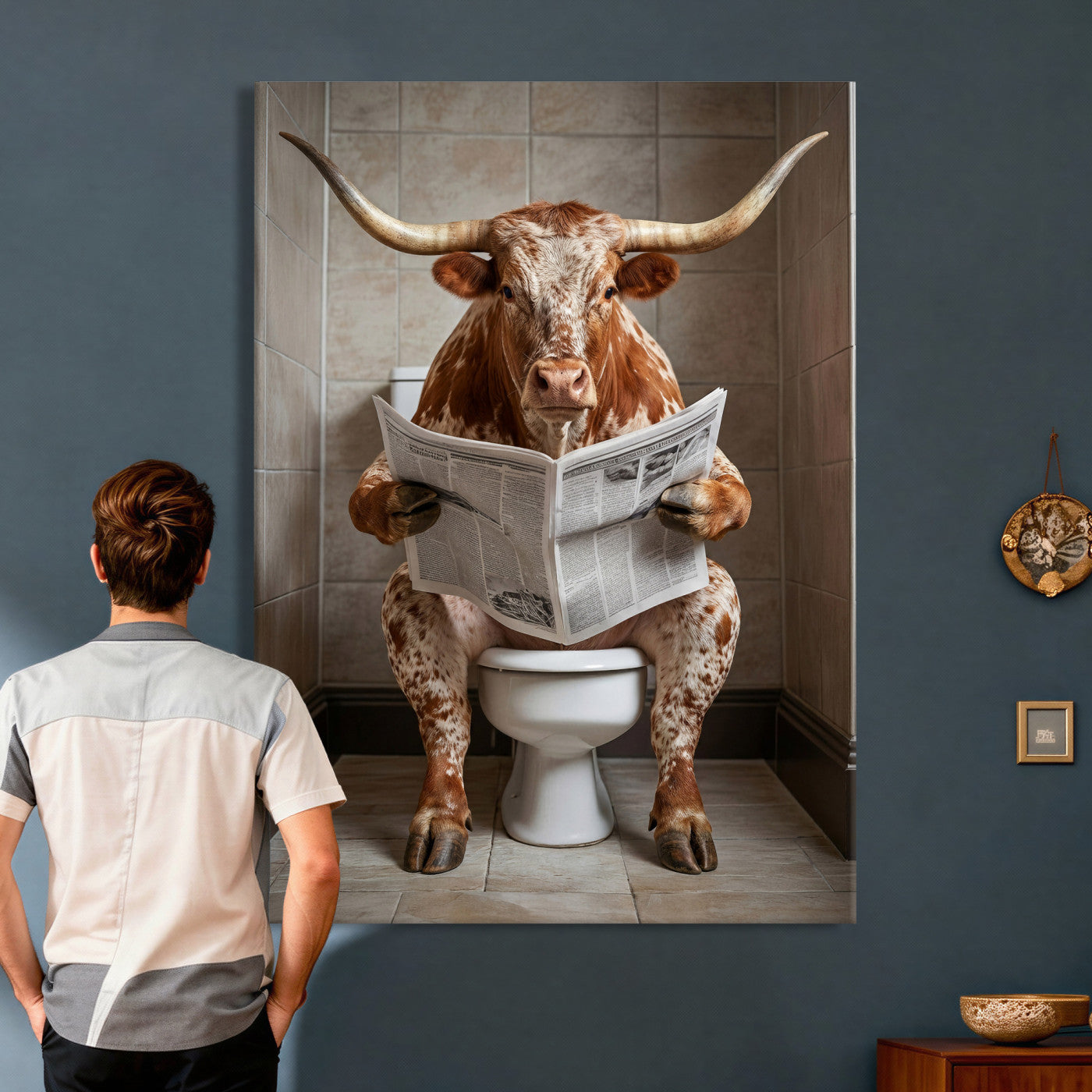 17728527-MGV-CV-24X36 - Funny Bathroom Canvas Wall Art, Texas Longhorn on Toilet Reading Newspaper, Humor Animal Print, Farmhouse Bathroom Decor, Quirky Cow Gift, Toilet Room Art