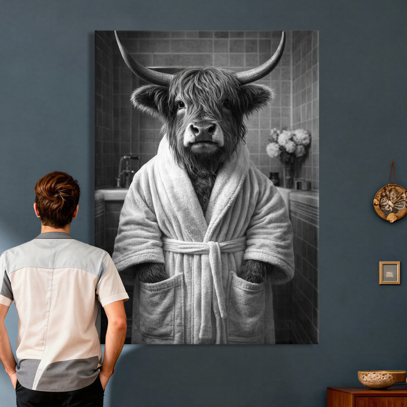 98453723-MGV-CV-24X36 - Funny Bathroom Wall Art Canvas Print, Highland Cow in Bathrobe, Black and White Humor Decor, Animal Bathroom Print, Farmhouse Bathroom Art