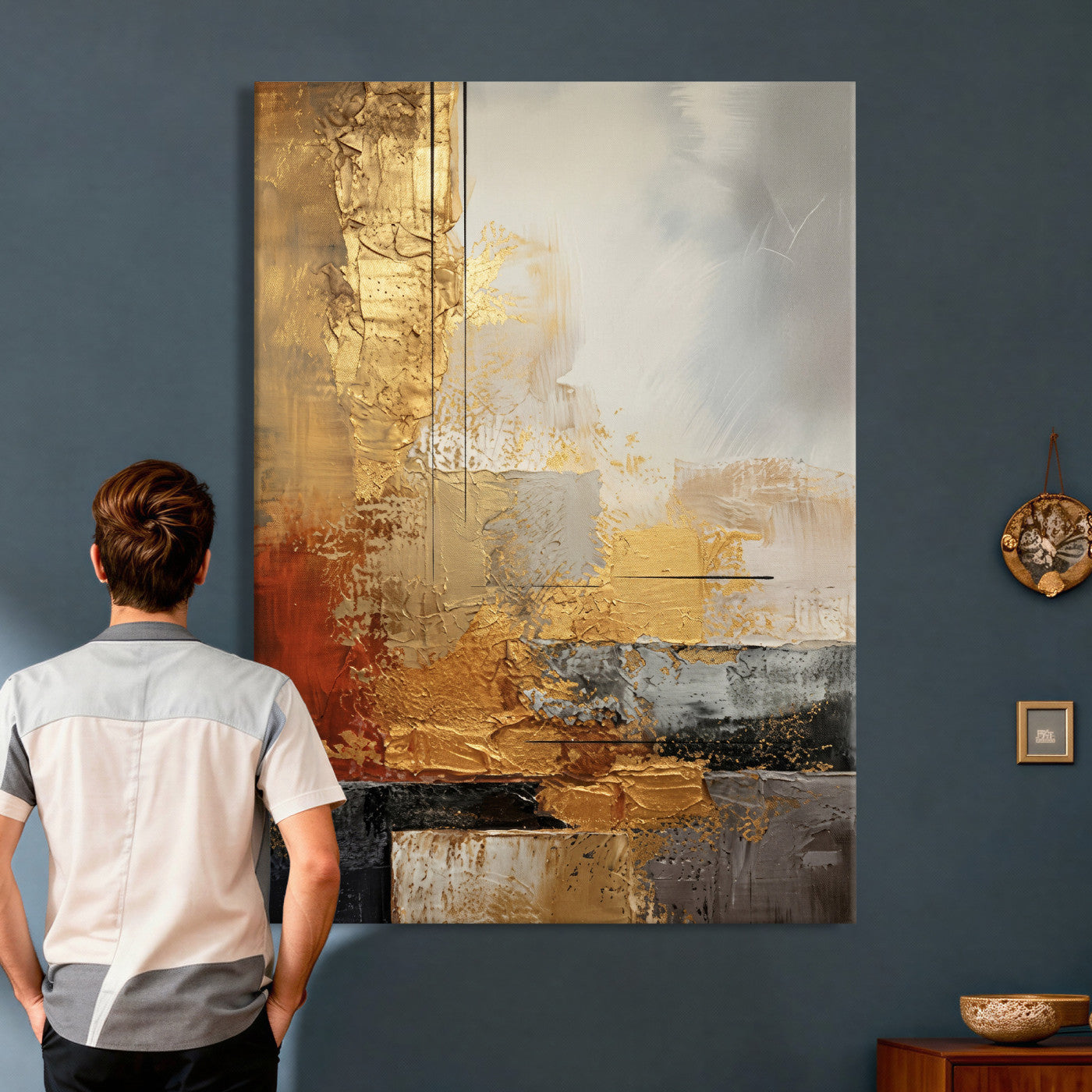 98453723G-MGV-CV-24X36 - Gold Abstract Canvas Wall Art, Luxury Textured Style Gold Leaf Painting Print, Modern Glam Decor, Gold Grey Rust Abstract Art, Living Room Statement Art