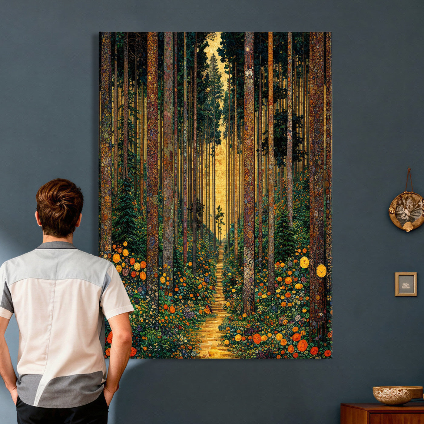 14391546-MGV-CV-24X36 - Gustav Klimt Style Forest Canvas Wall Art, Golden Forest Path Floral Art Nouveau Print, Enchanted Woodland Decor, Maximalist Colorful Nature Art