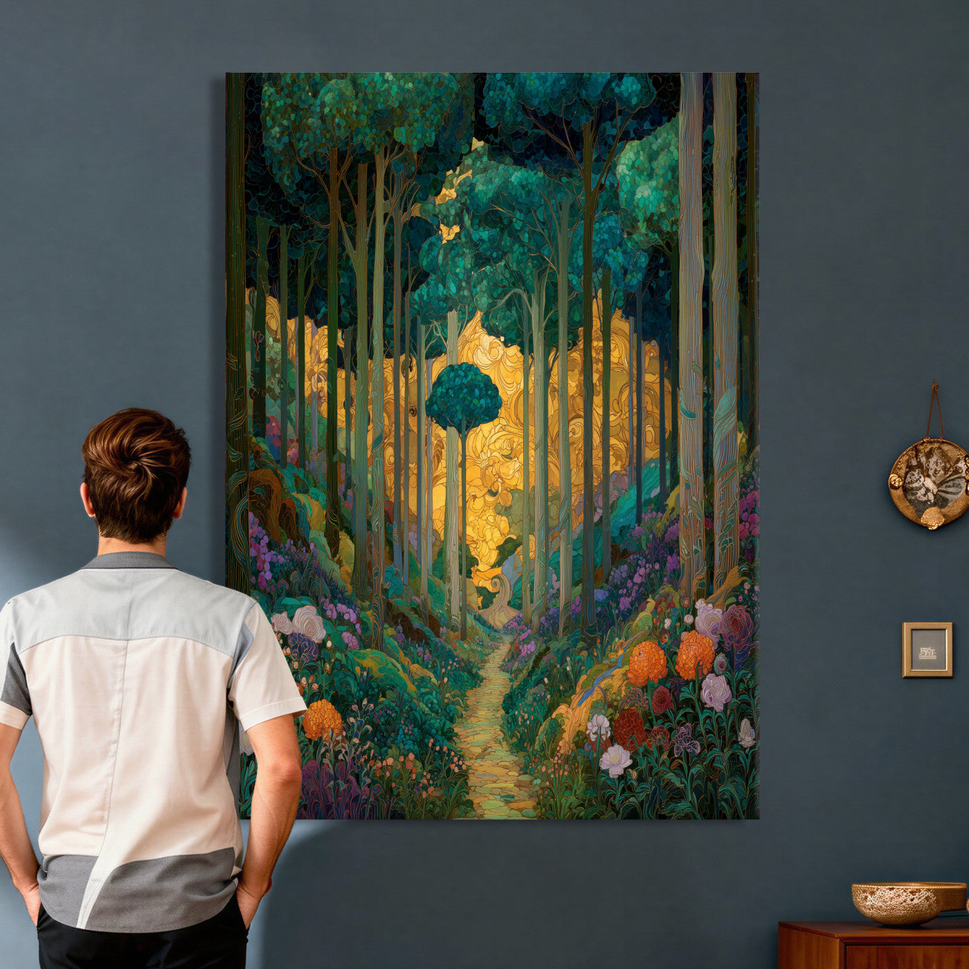 70159913-MGV-CV-24X36 - Gustav Klimt Style Forest Canvas Wall Art, Golden Forest Path Floral Art Nouveau Print, Enchanted Woodland Decor, Maximalist Colorful Nature Art