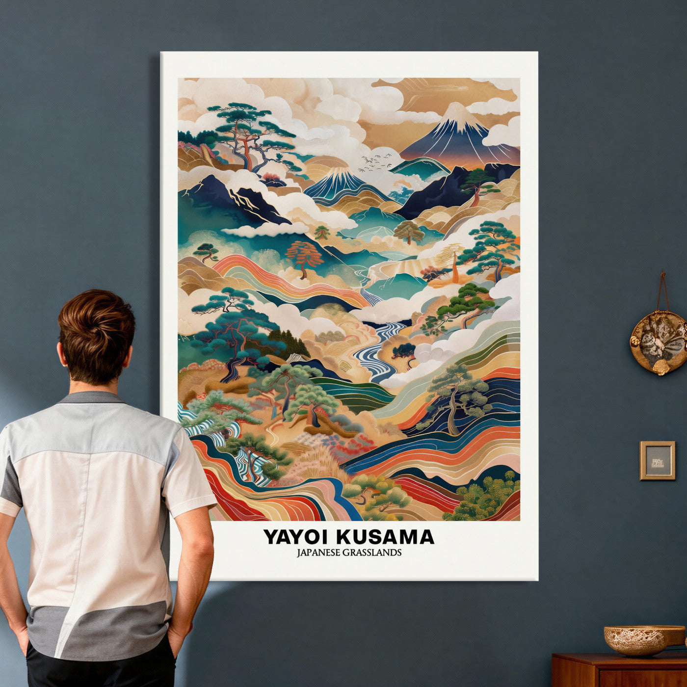 71553303-MGV-CV-24X36 - Yayoi Kusama Japanese Landscape Wall Art Canvas Print, Colorful Mountain and River Framed Artwork, Nature Inspired Asian Scenic Decor for Living Room Bedroom Office