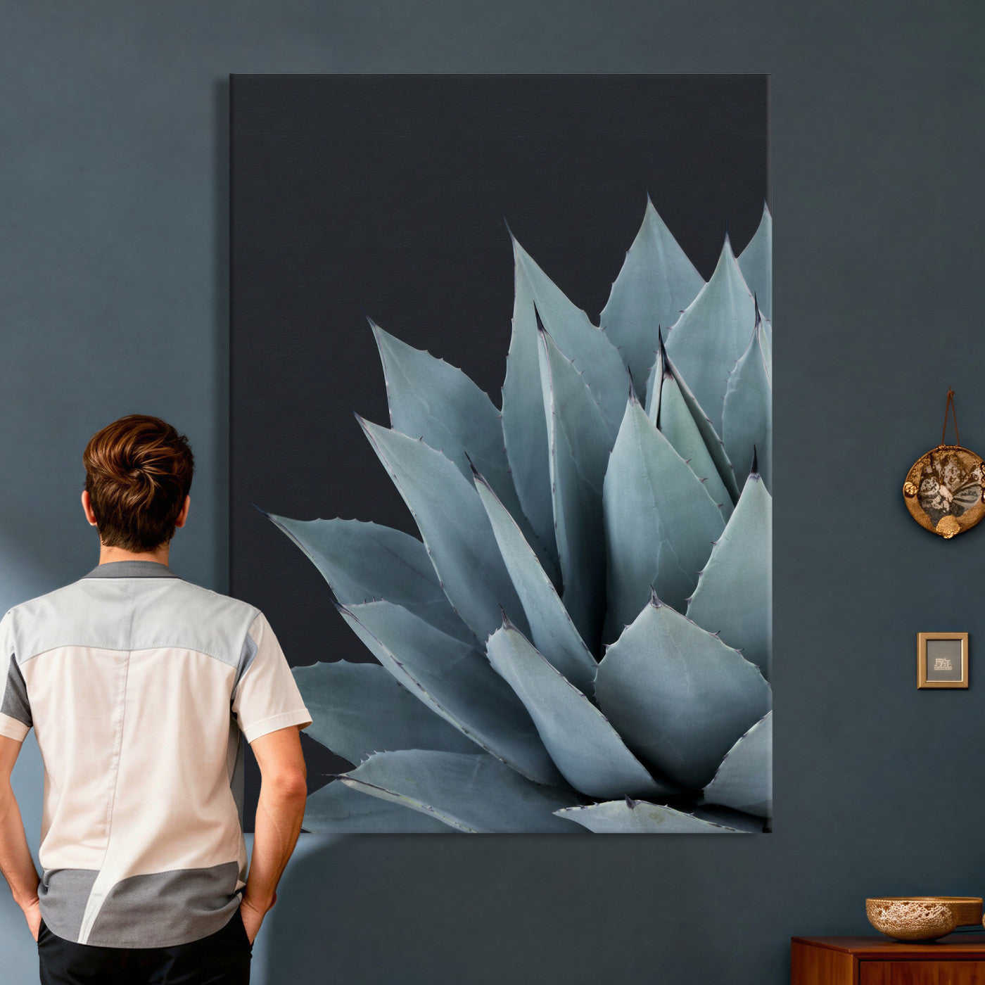 59803798-MGV-CV-24X36 - Agave Wall Art Canvas Print, Blue Green Succulent Botanical Framed Artwork, Minimalist Desert Plant Decor for Living Room Bedroom Office Bathroom