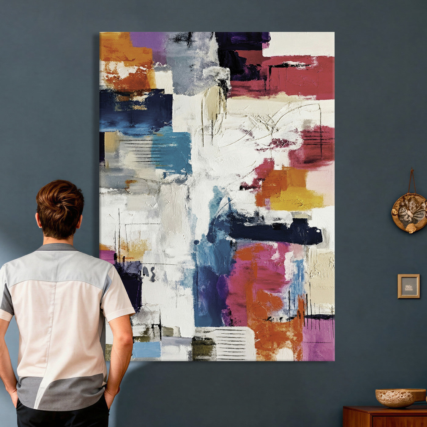 83175929-MGV-CV-24X36 - Blue Teal Abstract Canvas Wall Art, Modern Textured Painting Print, Navy Orange White Contemporary Art, Neutral Living Room Decor, Office Art