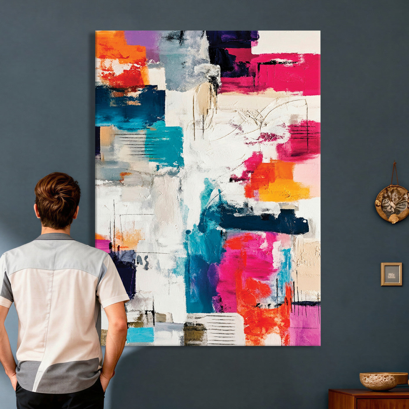 83175929-MGV-CV-24X36 - Blue Teal Abstract Canvas Wall Art Print - Modern Textured Painting Print, Navy Orange White Contemporary Art, Neutral Living Room Decor, Office Art