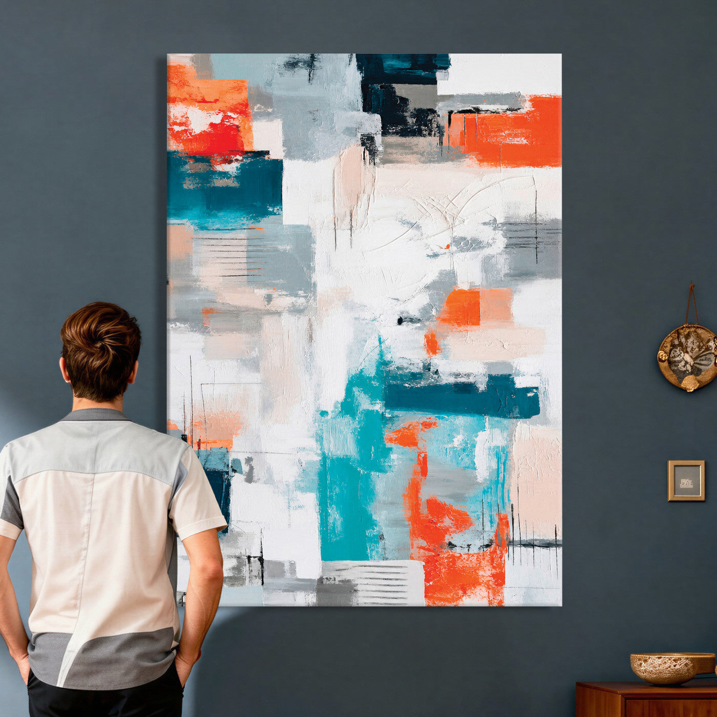39825760-MGV-CV-24X36 - Blue Teal Abstract Canvas Wall Art - Modern Textured Painting Print, Navy Orange White Contemporary Art, Neutral Living Room Decor, Office Art