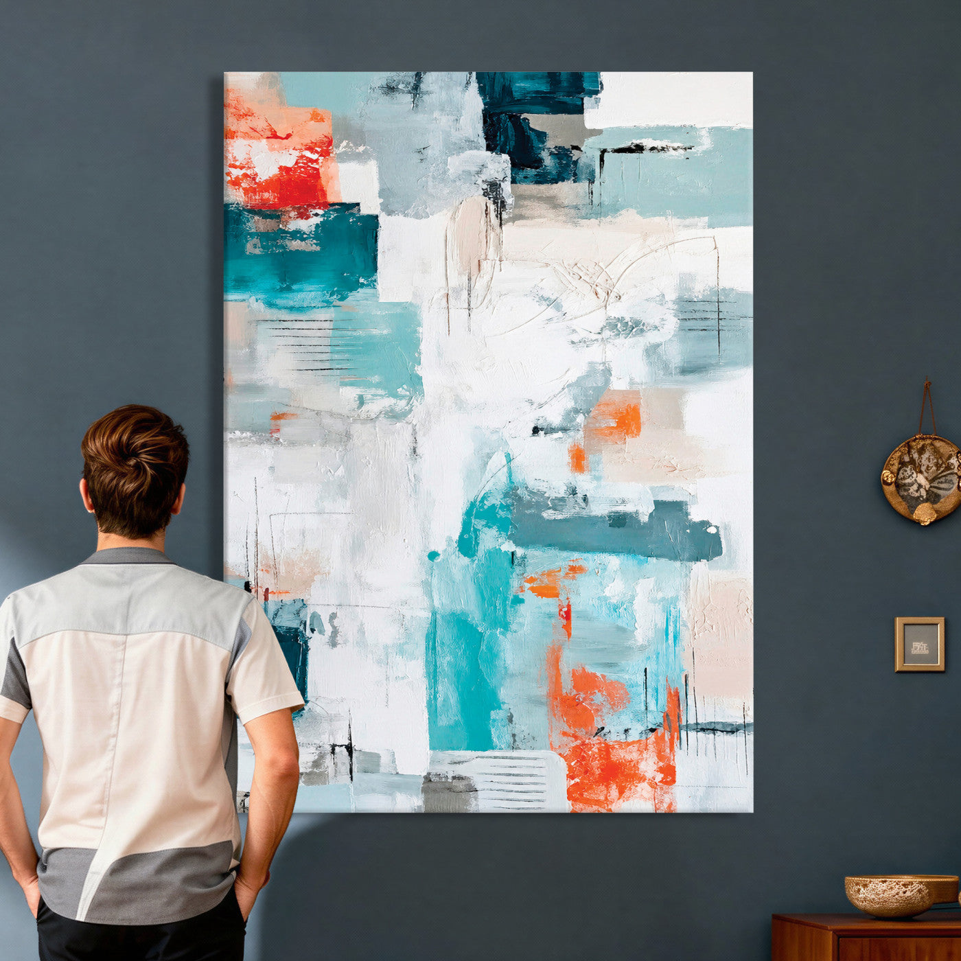 47011485-MGV-CV-24X36 - Blue Teal Abstract Canvas Wall Art, Modern Textured Painting Print, Navy Orange White Contemporary Art, Neutral Living Room Decor, Office Art