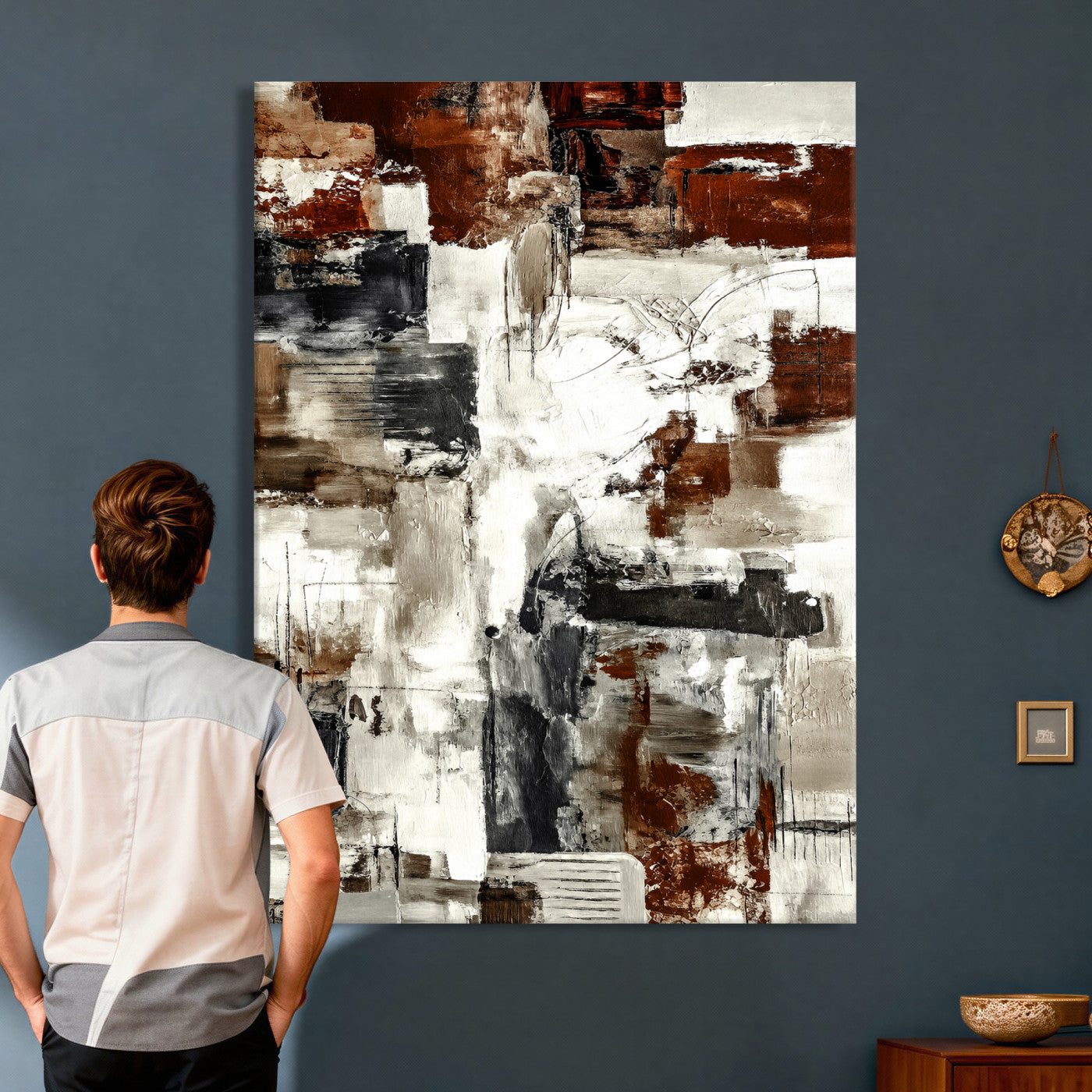23953633-MGV-CV-24X36 - Blue Teal Abstract Canvas Wall Art, Modern Textured Painting Print, Navy Orange White Contemporary Art, Neutral Living Room Decor, Office Art