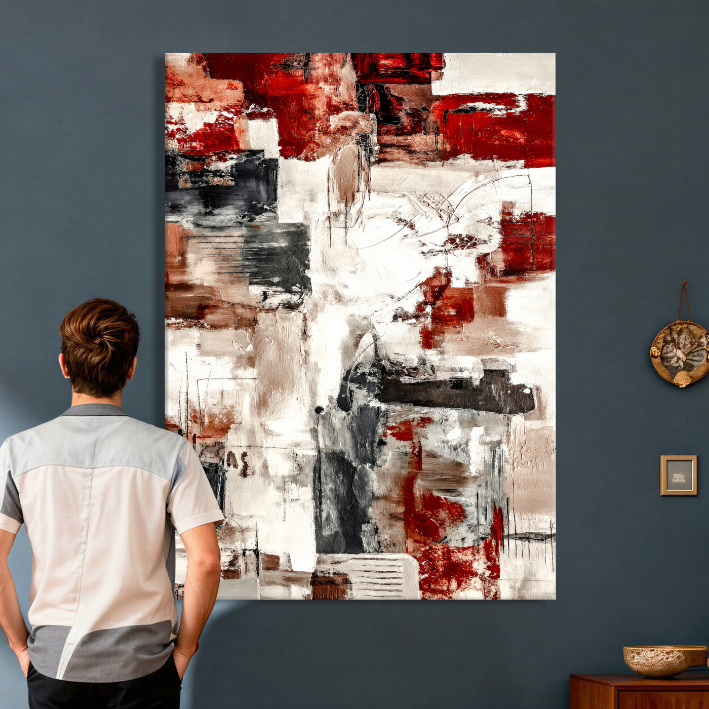23953633-MGV-CV-24X36 - Blue Teal Abstract Canvas Wall Art | Modern Textured Painting Print, Navy Orange White Contemporary Art, Neutral Living Room Decor, Office Art